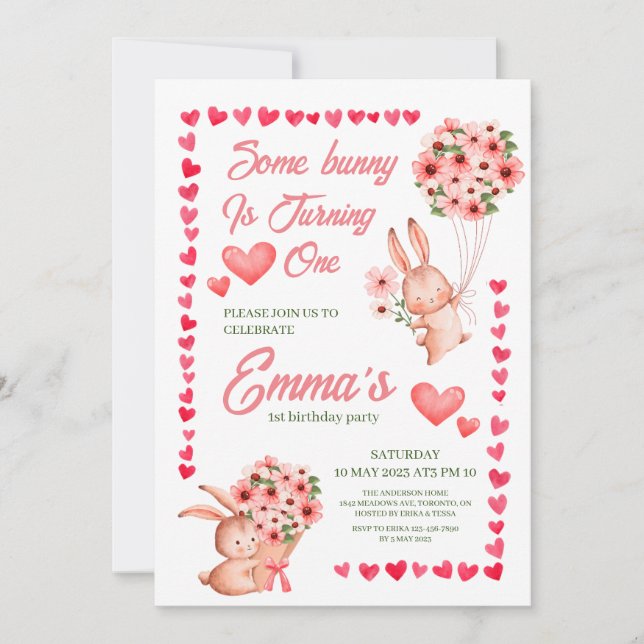 Pink Bunny floral Première invitation d'anniversai (Devant)