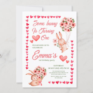 Pink Bunny floral Première invitation d'anniversai