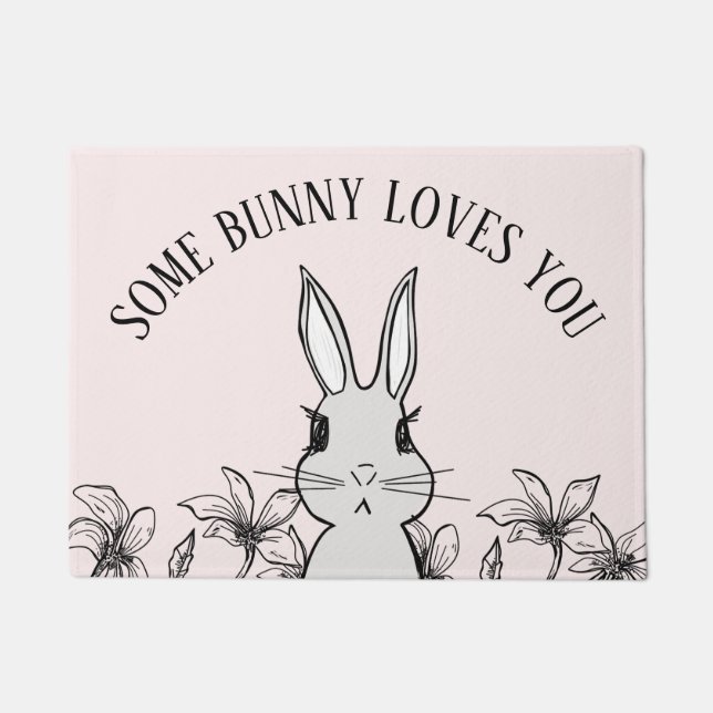 Pink Bunny Floral Spring Doormat (Front)