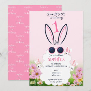 Pink Bunny Flower Garden Spring Summer Birthday Invitation