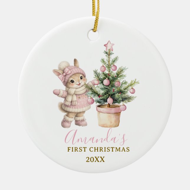 Pink Bunny Girl Rabbit First Christmas Keepsake Ceramic Ornament (Front)
