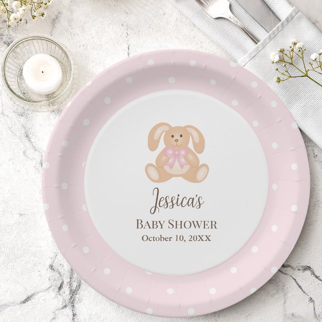 Pink Bunny Rabbit Cute Polka Dots Girl Baby Shower Paper Plate (Creator Uploaded)