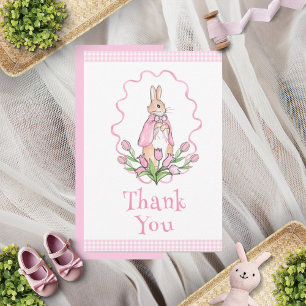 Pink Bunny Rabbit Gingham Floral Baby Shower Thank You Card