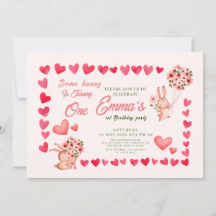 Pink bunny rabbit with Heart birthday party Invitation