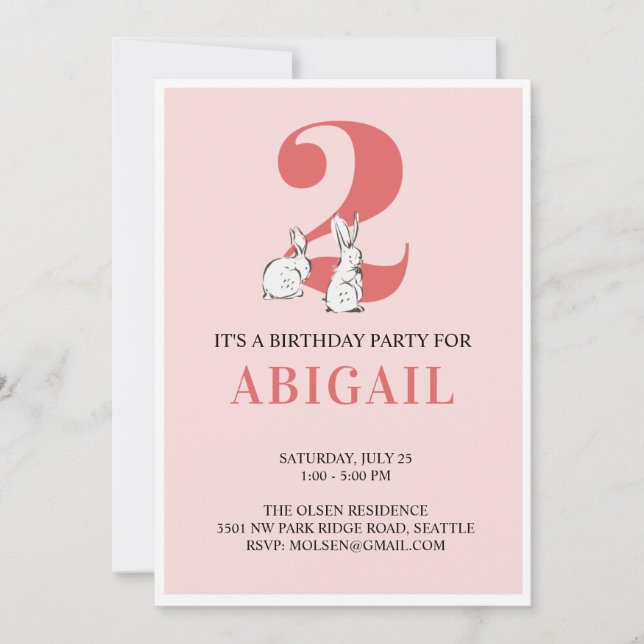 Pink Bunny Second Birthday Invitation (Front)