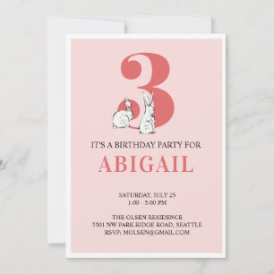 Pink Bunny Third Birthday Invitation
