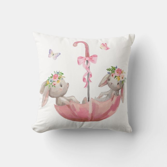 Pink Bunny Umbrella Boho Baby Girl Nursery Pillow (Front)