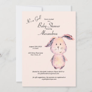 Pink Bunny Watercolor It's a Girl Baby Shower Invitation