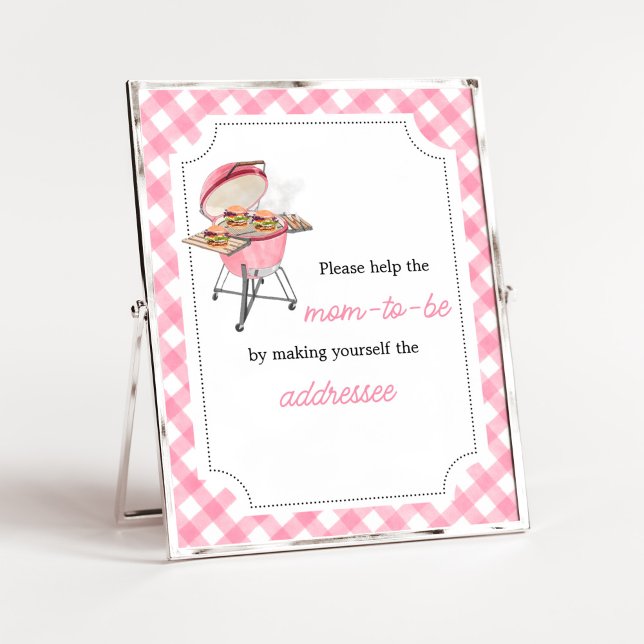 Pink Burger BBQ Baby Shower Envelope Station Poster (Girl Backyard BBQ Baby Shower Envelope Station Sign)