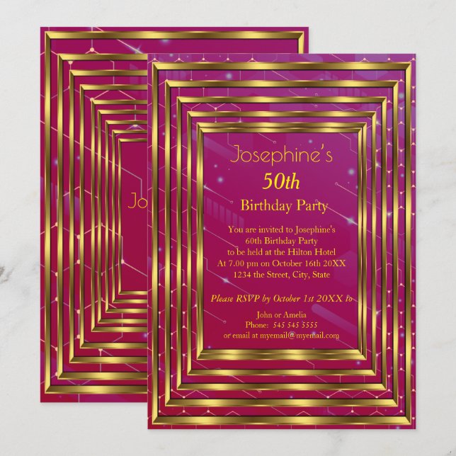 Pink Burgundy 50th Birthday Party Gold Invitation (Front/Back)