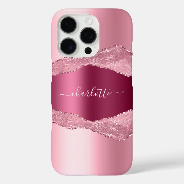 Pink burgundy agate marble name script Case-Mate iPhone case (Back)