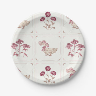Pink, Burgundy and Brown Flowers and Ducks Paper Plate