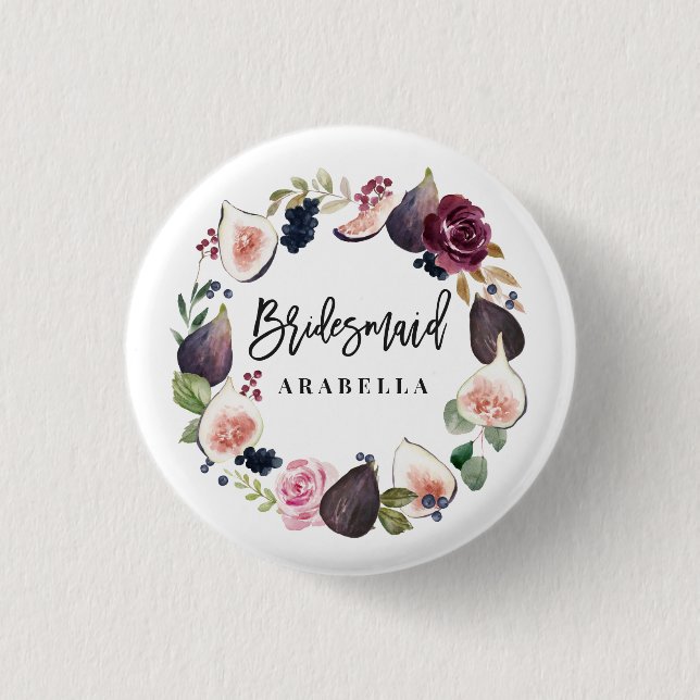 Pink, burgundy and fig floral bridesmaid 1 inch round button (Front)