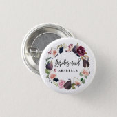 Pink, burgundy and fig floral bridesmaid 1 inch round button (Front & Back)