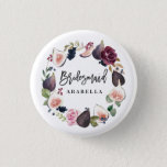 Pink, burgundy and fig floral bridesmaid 1 inch round button<br><div class="desc">Pink,  burgundy and fig floral bridesmaid design. Watercolor floral,  foliage and hand painted fruit and modern script text. Part of a wedding suite.</div>