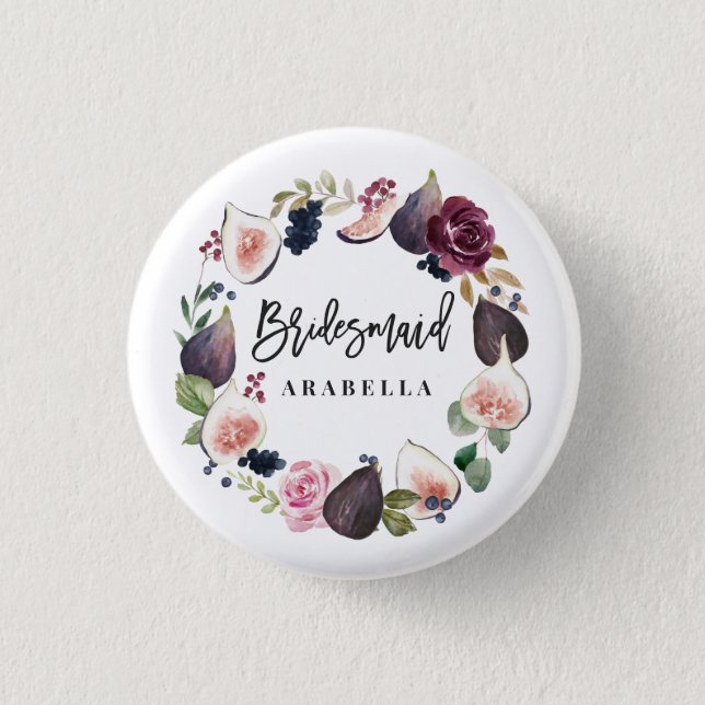 Pink, burgundy and fig floral bridesmaid 1 inch round button (Front)
