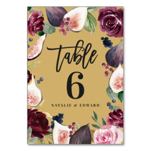 Pink, burgundy and fig floral wedding day decor table number