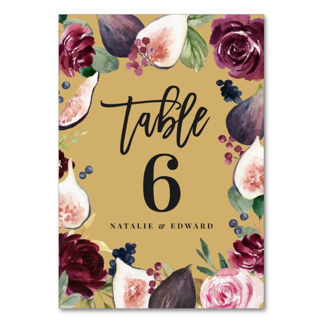 Pink, burgundy and fig floral wedding day decor table number (Front)