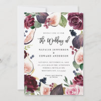 Pink, burgundy and fig floral wedding invitation