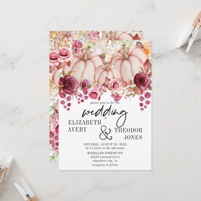 Pink Burgundy Autumn Wedding Pumpkin Floral Invitation (Front/Back In Situ)
