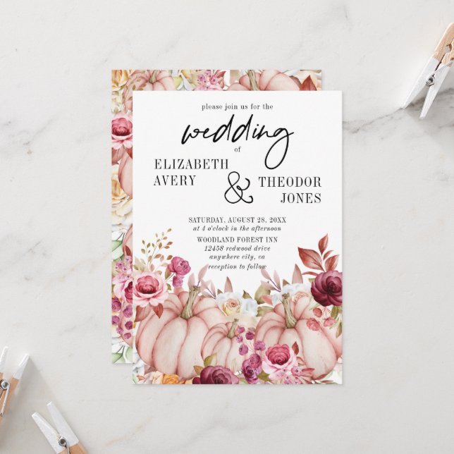 Pink Burgundy Autumn Wedding Pumpkin Invitation (Front/Back In Situ)