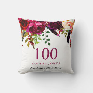 Pink & Burgundy Boho Floral 100th Birthday Gift Throw Pillow