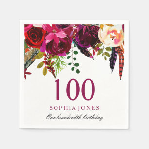 Pink & Burgundy Boho Floral 100th Birthday Party Napkin