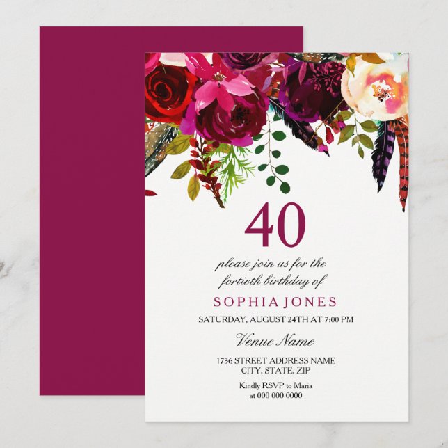 Pink & Burgundy Boho Floral 40th Birthday Party Invitation (Front/Back)