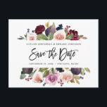 Pink, burgundy   fig floral save the date mustard postcard<br><div class="desc">Pink,  burgundy and fig floral save the date card. Beautiful watercolor illustration and modern script handwriting. Part of a collection.</div>