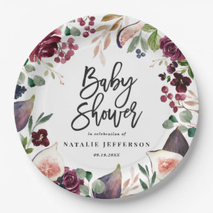 Pink, burgundy, + fig watercolor floral and script paper plate