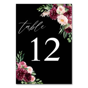 Pink & Burgundy Floral 7 - Black Table Number
