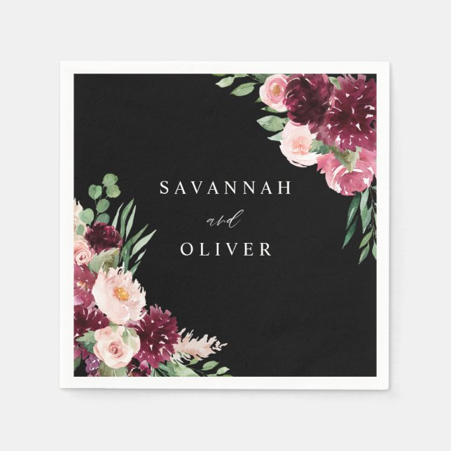Pink & Burgundy Floral 7 Name - Black Napkins (Front)