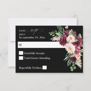 Pink & Burgundy Floral 7 no Meal RSVP  - Black V3 Card