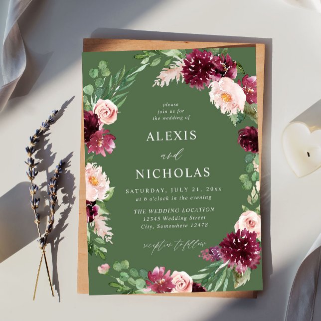 Pink & Burgundy Floral 7 Wedding - Green Invitation (Creator Uploaded)