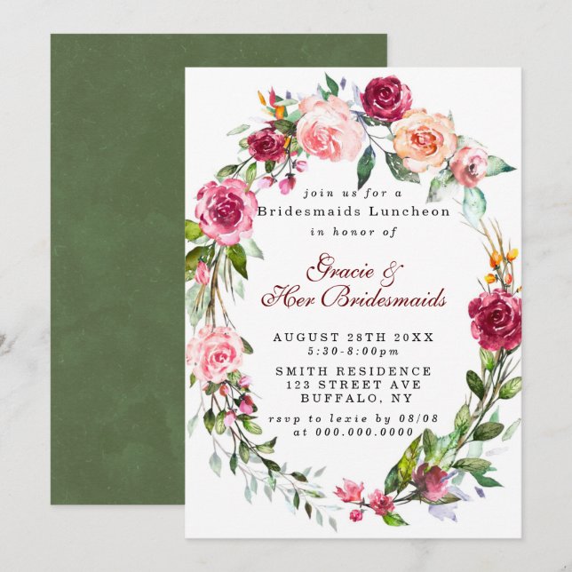 Pink Burgundy Floral Bridesmaids Luncheon Invites (Front/Back)