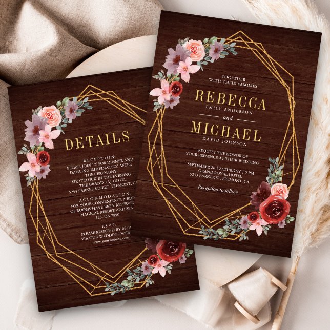 Pink Burgundy Floral Gold All in One Wood Wedding Invitation (Creator Uploaded)