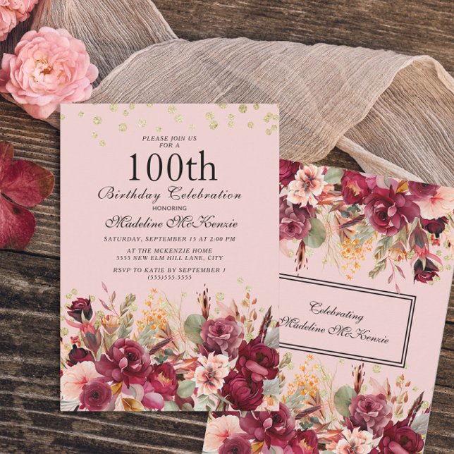 Pink Burgundy Floral Gold Glitter 100th Birthday Invitation (Creator Uploaded)
