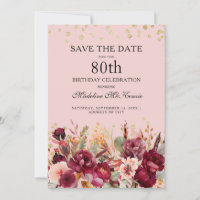 Pink Burgundy Floral Gold Glitter 80th Birthday