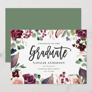 Pink burgundy floral graduate announcement card