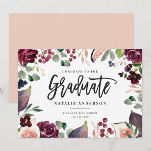 Pink burgundy floral graduate announcement card