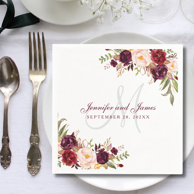 Pink Burgundy Floral Monogram Watercolor Wedding Napkin (Creator Uploaded)