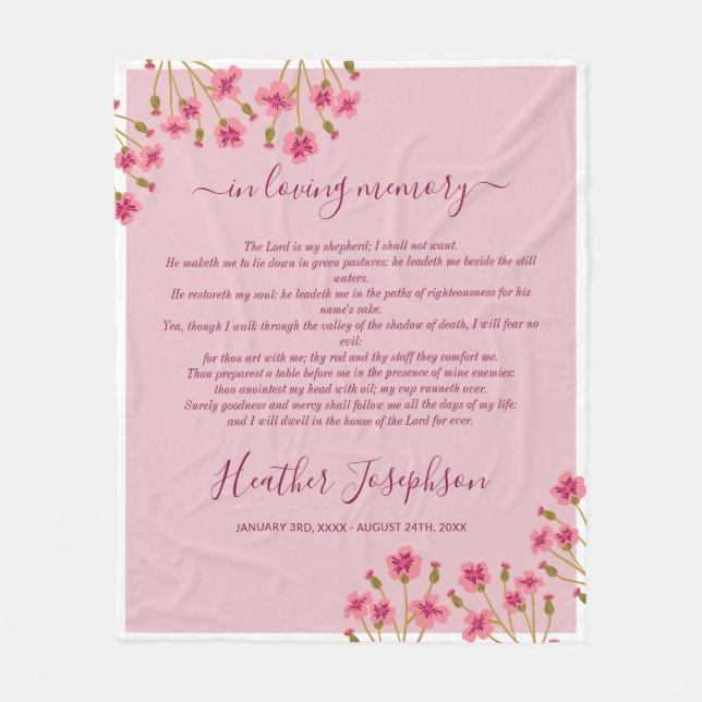 Pink Burgundy Floral Psalm Memorial Fleece Blanket (Front)