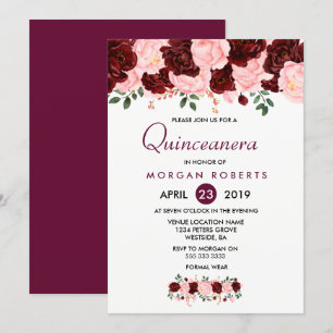 Pink & Burgundy Floral Quinceanera Invitation