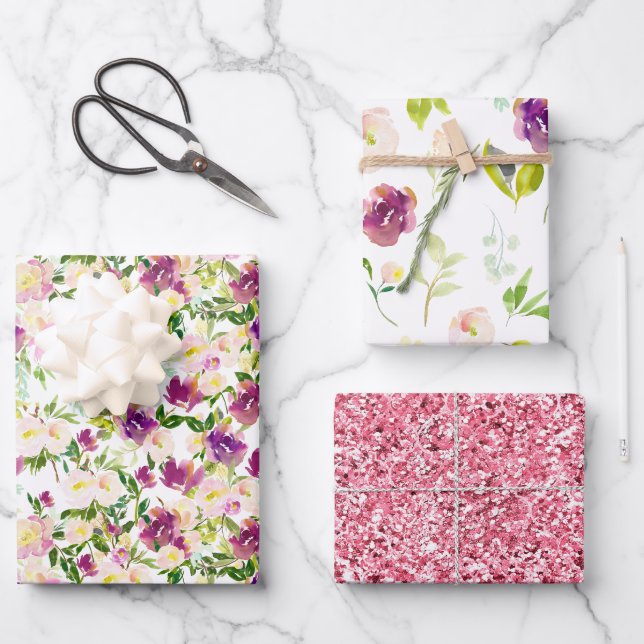 Pink Burgundy Floral Wrapping Paper Sheet (Front)