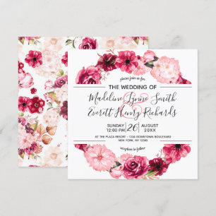 Pink & Burgundy Floral Wreath Wedding Invitations