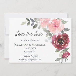 Pink Burgundy Flowers Greenery Watercolor Wedding Save The Date