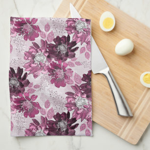 Pink, burgundy flowers on dusty pink kitchen towel