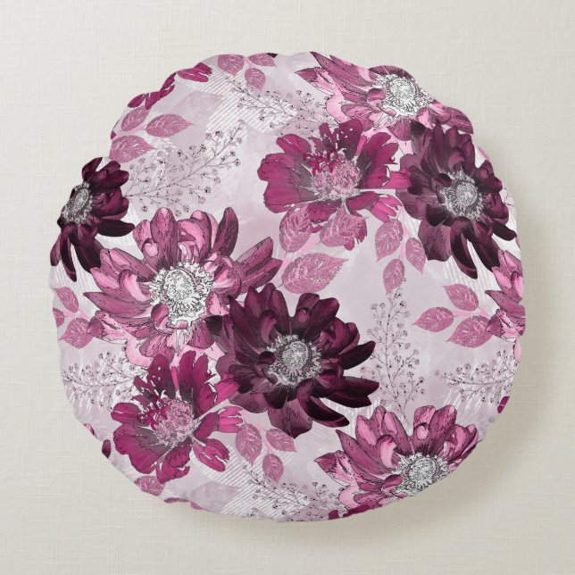 Pink, burgundy flowers on dusty pink round pillow (Front)
