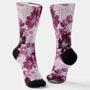 Pink, burgundy flowers on dusty pink socks