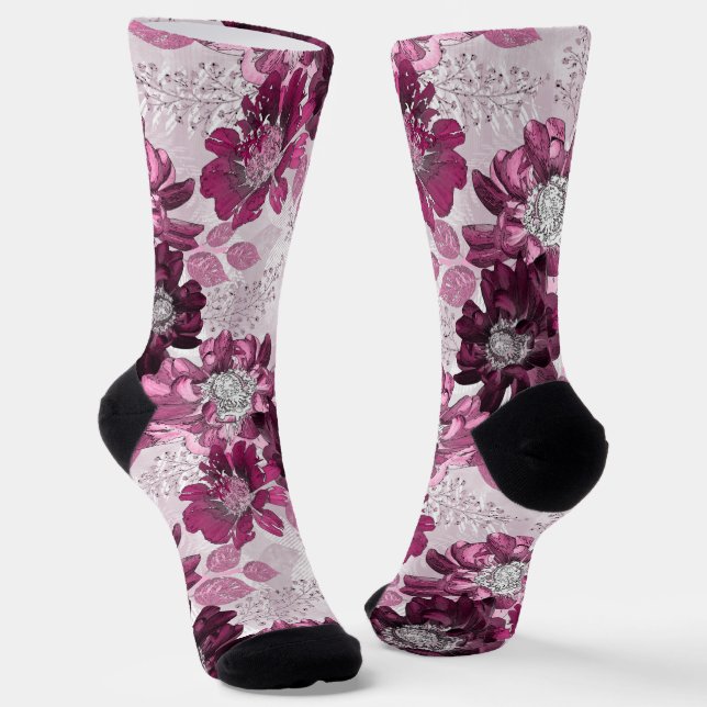 Pink, burgundy flowers on dusty pink socks (Angled)